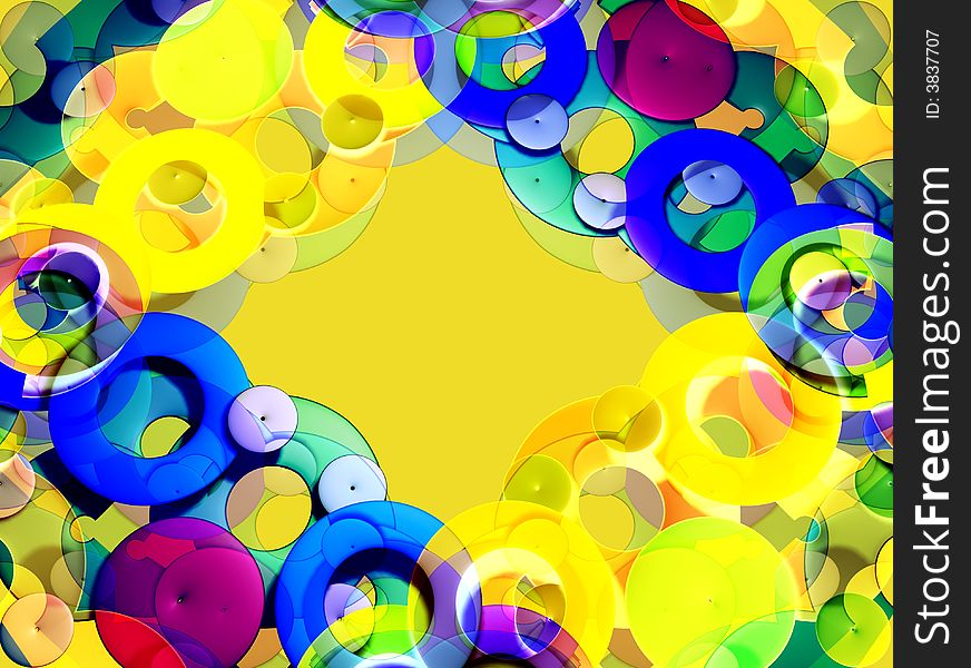 Slanting frame made of colorful simple circles on the yellow, illustration made on computer. Slanting frame made of colorful simple circles on the yellow, illustration made on computer.