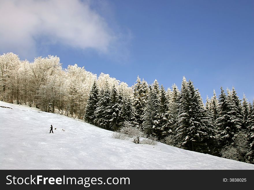 Winter mountain landscape with skier
