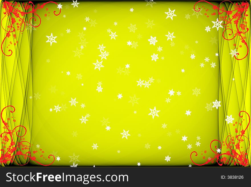 Yellow background with white stars and red swirls