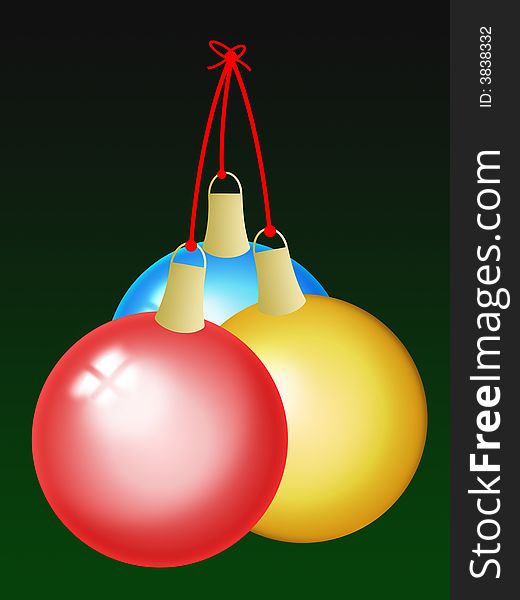 Three christmas balls on a green background.