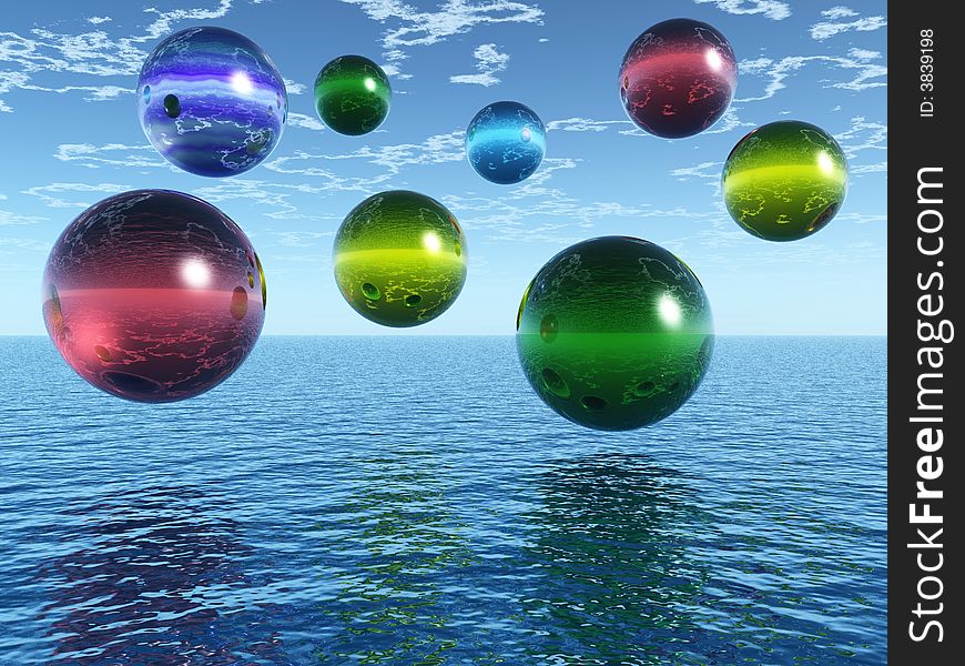 Multicolor rising balls from sea surface - 3d illustration.