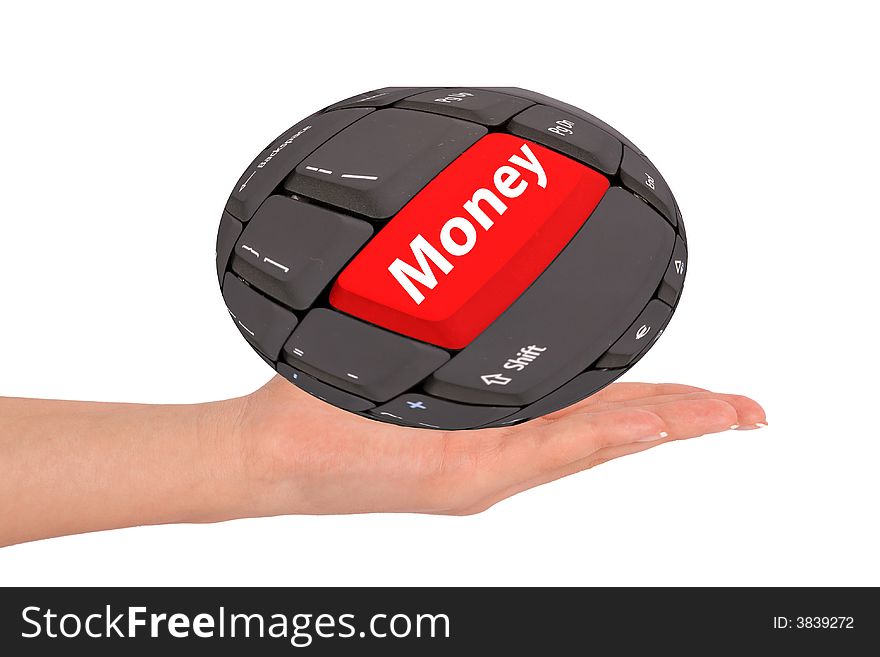 Hand holding a keyboard ball with red button and money text