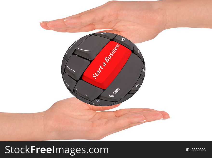 Hand holding a keyboard ball with red button and Start a business text