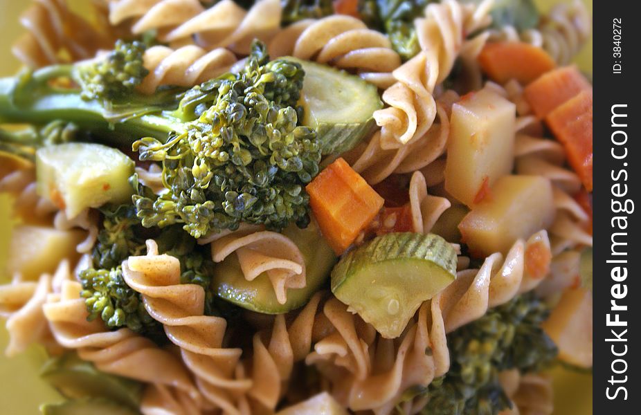A combination of veges and pasta. A combination of veges and pasta