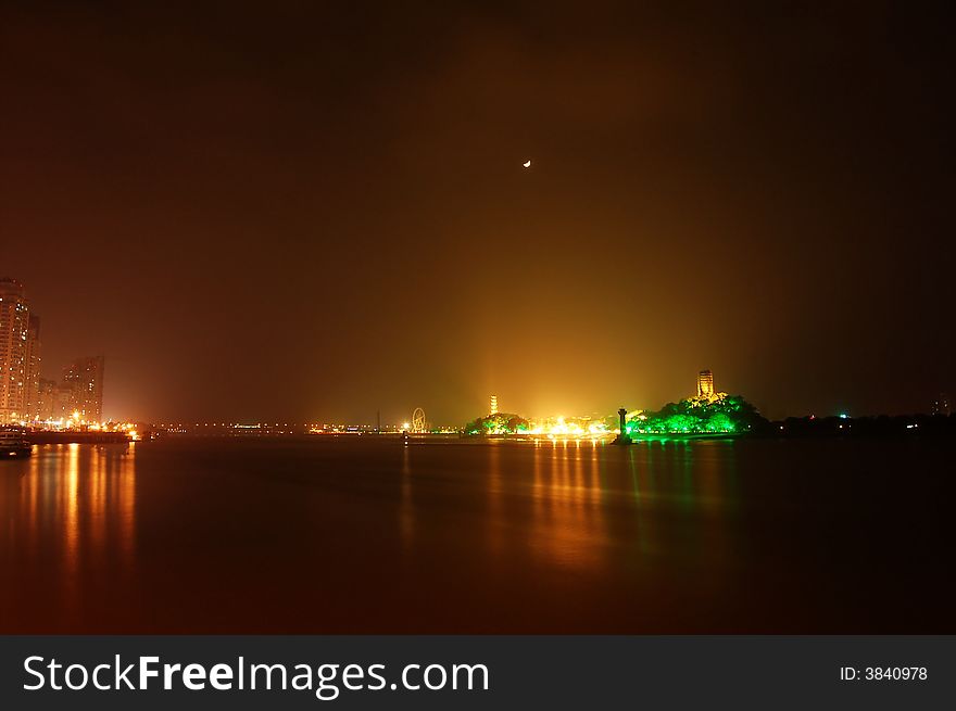Night View of a river and an ireland.  This place is called JiangxinYu, a view of Wenzhou city of china.