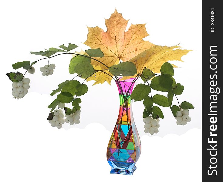 Winter bouquet from branches with white fruits and a maple leaf in a vase from multi-coloured glass