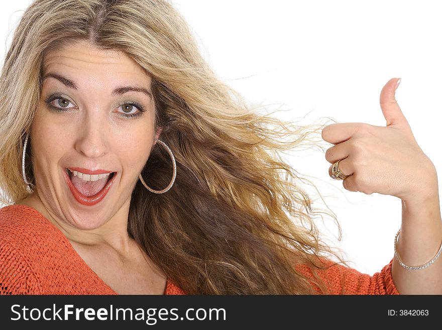 Happy blonde thumbs up isolated on white