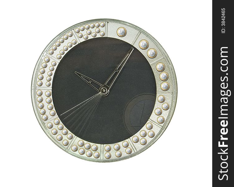 Clock with euro coins describing what hour it is and the second hand leaves trails od seconds that signify how time goes by. Clock with euro coins describing what hour it is and the second hand leaves trails od seconds that signify how time goes by