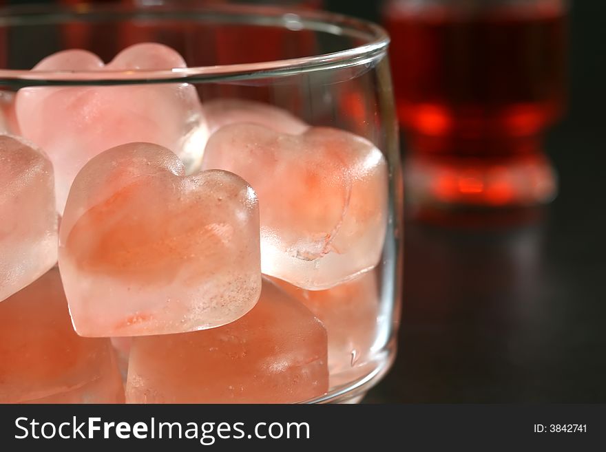 Pink heart shaped ice cubes and cocktails. Pink heart shaped ice cubes and cocktails