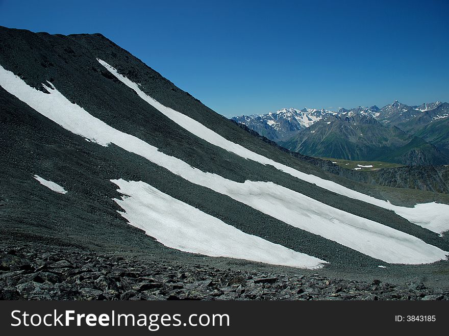 Mountain passage, landscape, snow and stones, panoramic view, Altai, Russia