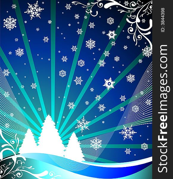 Christmas landscape with snowflakes and tree. Christmas landscape with snowflakes and tree