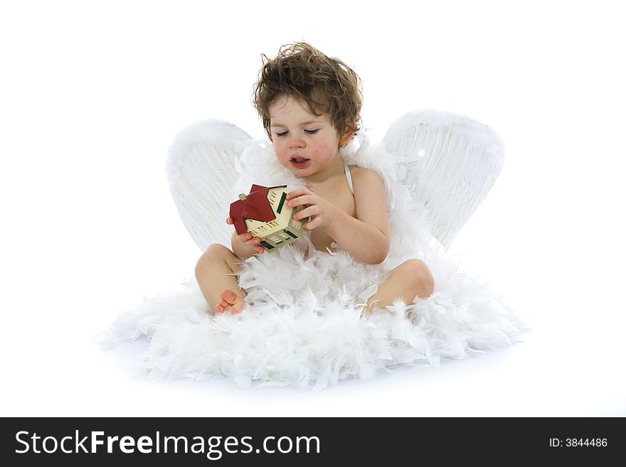 Little angel and house on isolated background