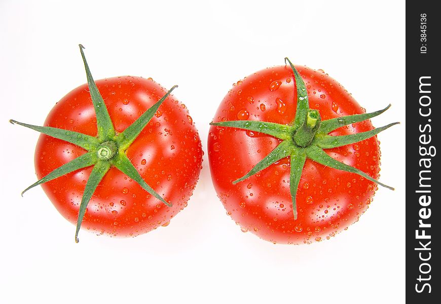 Isolated fresh tomatoes with stems and water drops closeup (vivid colors)