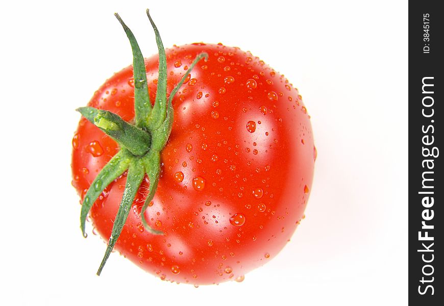 Isolated fresh tomato with stem and water drops close-up (vivid colors)