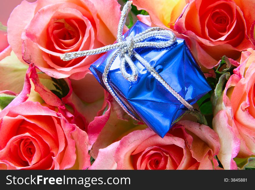 Gift Box Close-up And Roses