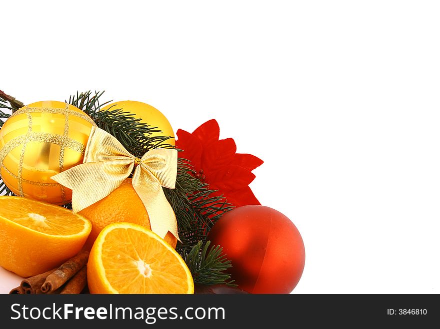 Christmas ballsand orange on a white background
