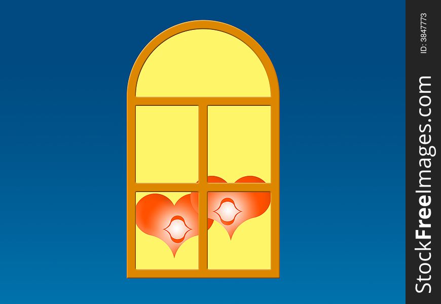 Two red hearts in a window on a color background. Two red hearts in a window on a color background