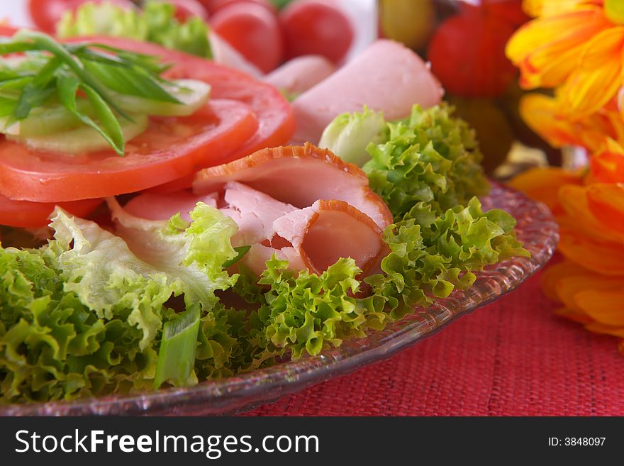 Fresh salad with onion, tomato, basil and cucumber. Fresh salad with onion, tomato, basil and cucumber