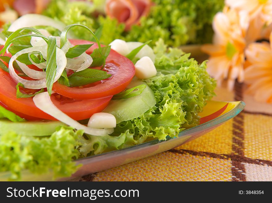 Fresh Salad With Onion Tomato And Basil