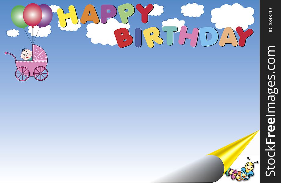 A colorful frame with a light blue gradient background. In the top a baby buggy hanging on balloons and the writing happy birthday in front of white clouds - and a rolled edge.
