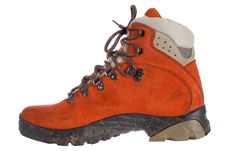 Single Red Trekking Boot From Side Stock Photos