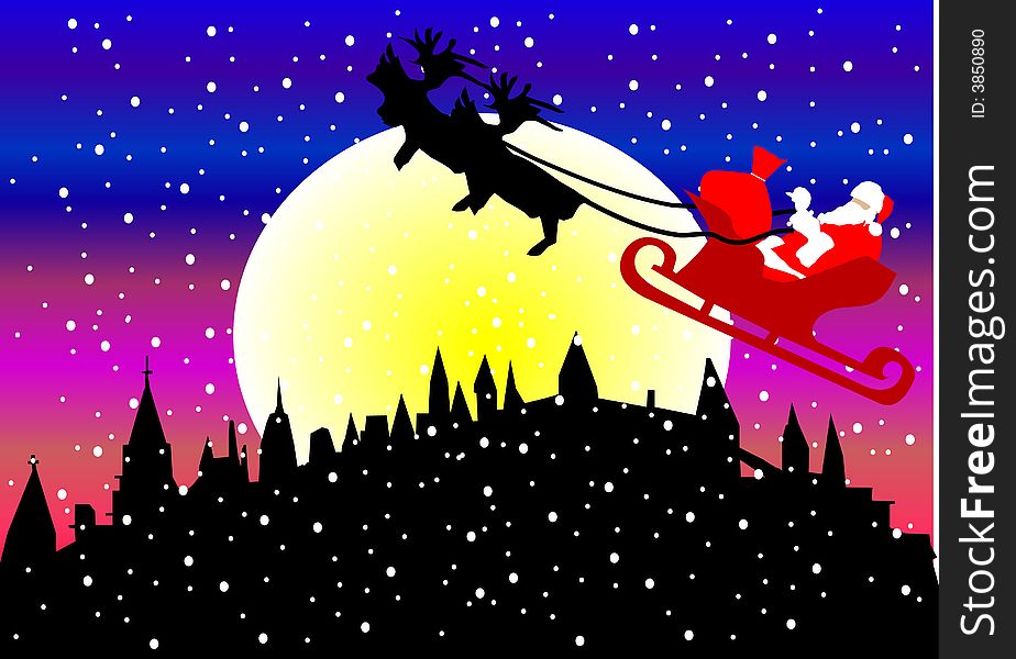 Santa claus over town in the night