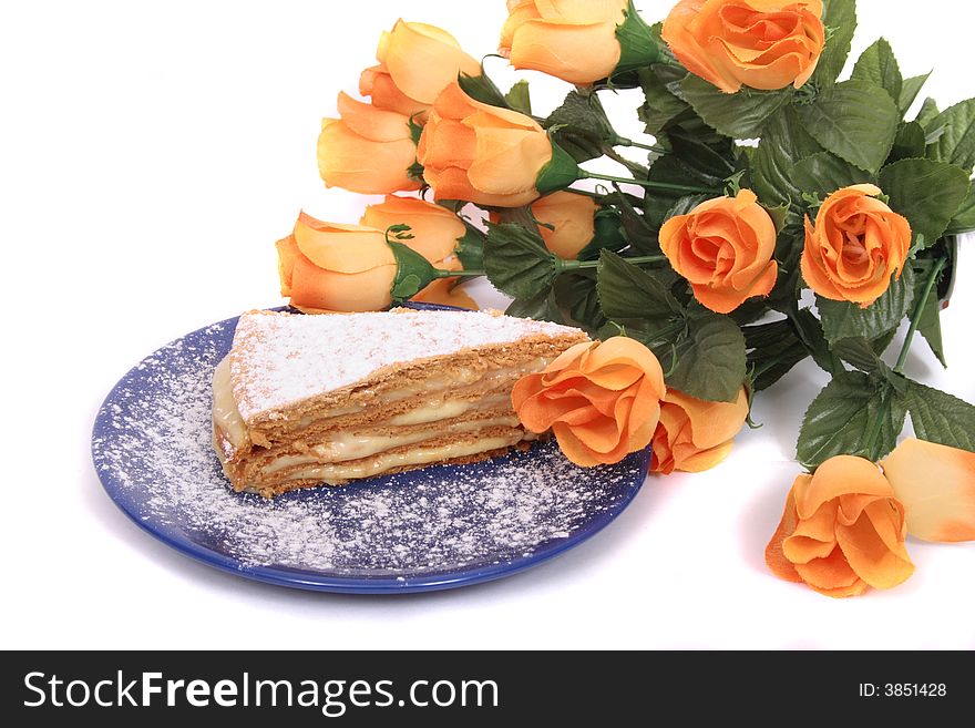 Sweet desert and rose on the white background