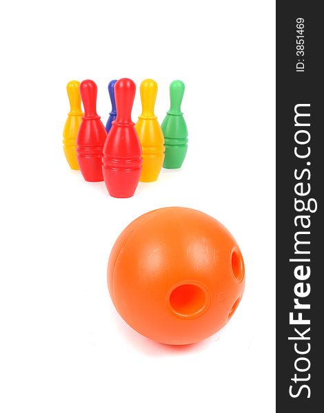 Plastic bowling toy on the white background