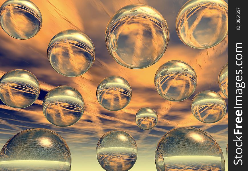 Rising water balls on sky background - digital artwork.