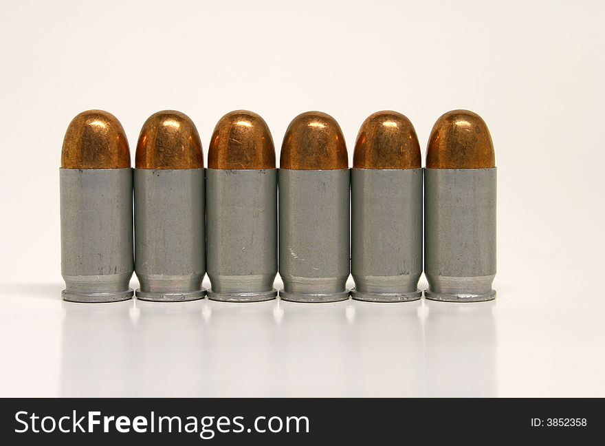 Handgun Bullets close up with a white background