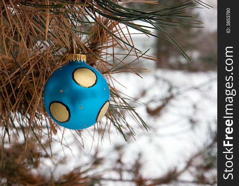 Blue and Gold Christmas Ornament in a snowy pine tree