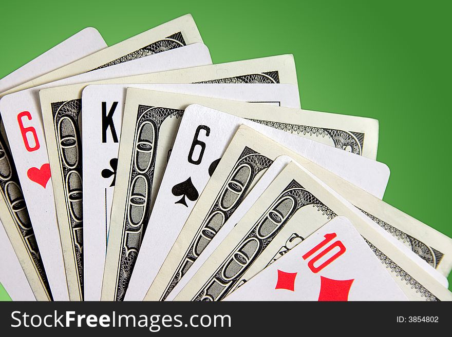 Dollar banknotes and playing cards. Dollar banknotes and playing cards