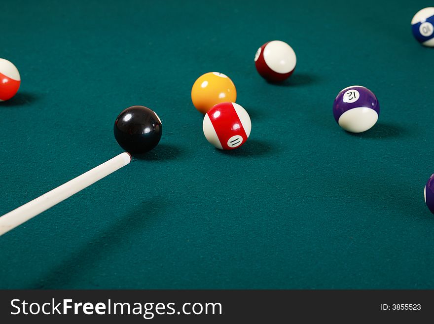 Billiard game details: balls, cue, table. Billiard game details: balls, cue, table.