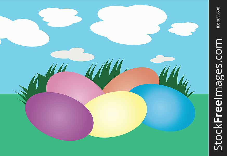Graphic illustration of colorful pastel easter eggs sitting in the grass against a blue sky. Graphic illustration of colorful pastel easter eggs sitting in the grass against a blue sky.
