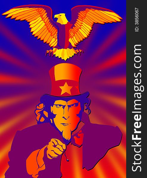 Uncle Sam in the classic I Want You pose with eagle. Uncle Sam in the classic I Want You pose with eagle