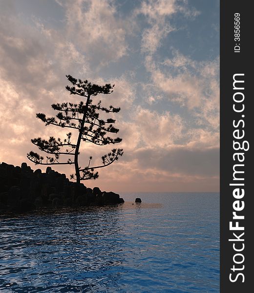 Old pine tree at a ocean beach - digital artwork.