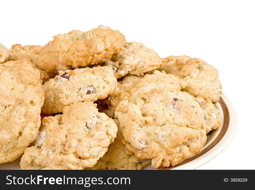 Fresh oatmeal chocolate chip cookies isolated on white background. Fresh oatmeal chocolate chip cookies isolated on white background