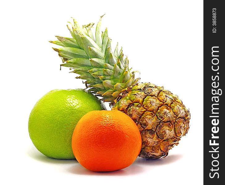 Pineapple, pomelo and orange isolated on white  background