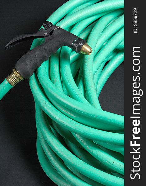 A garden hose coiled with a sprayer