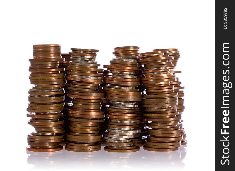 Pile of yellow and silver coins with reflection. Pile of yellow and silver coins with reflection