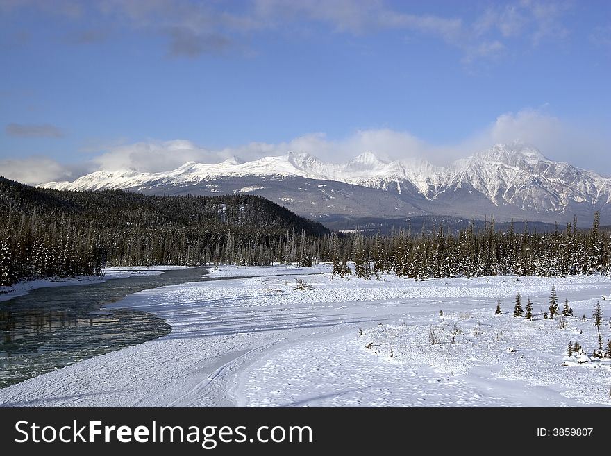 Winter shot of Athabasca River in Jasper National Park