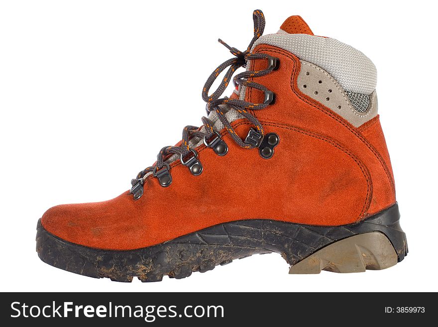 Red women trekking boot side view, right boot. Red women trekking boot side view, right boot