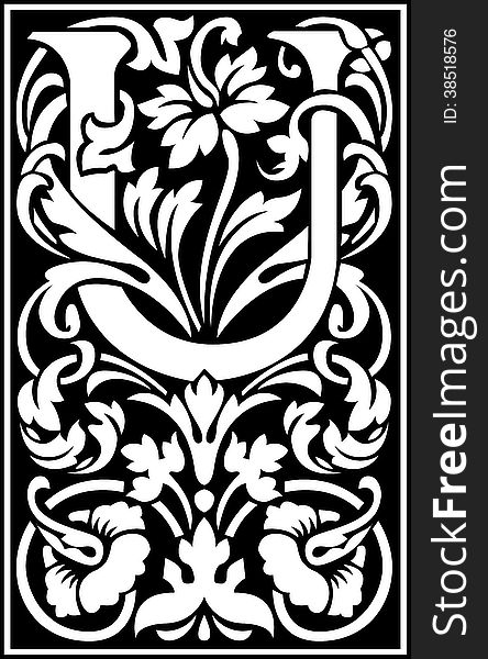 Flowers decorative letter U Balck and White