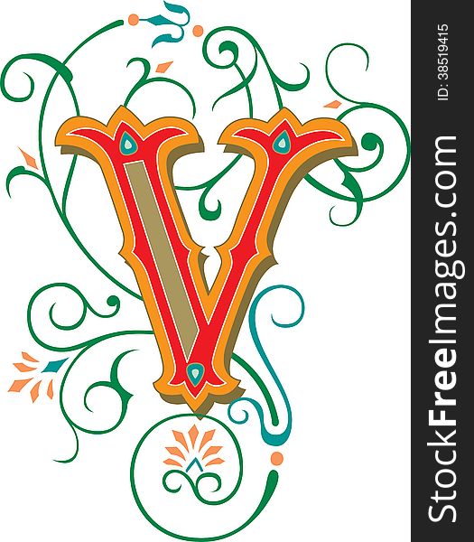 Beautiful ornate English alphabets, Letter V, Colored. Beautiful ornate English alphabets, Letter V, Colored