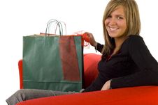 Happy Woman On Red Couch Royalty Free Stock Photo Happy Woman On Red Couch Royalty Free Stock Photo