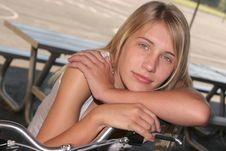 Young Girl Resting On Bike Stock Photos Young Girl Resting On Bike Stock Photos
