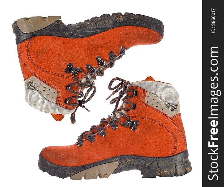 Red women trekking boots, side view, left and right side, upsidedown. Red women trekking boots, side view, left and right side, upsidedown