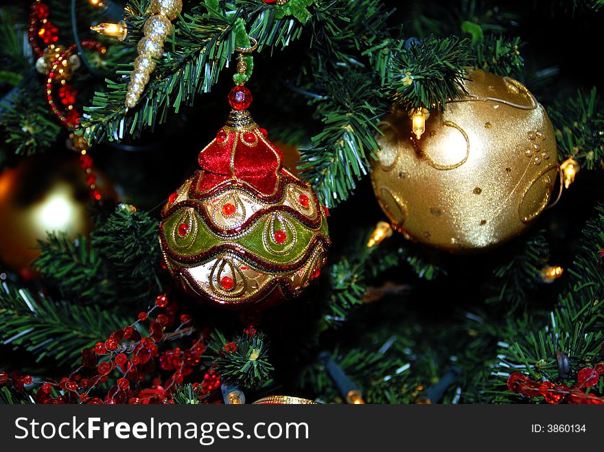 Christmas ornaments hung on the tree.