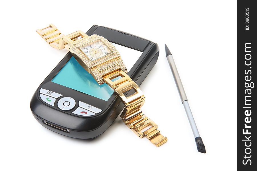 Smartphone and gold watch. Isolate on white.