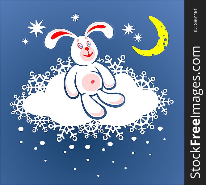 Cheerful rabbit and cloud on a background of the star sky. Digital illustration.